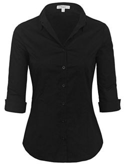 Womens Classic Solid 3/4 Sleeve Button Down Blouse Dress Shirt (S-3X)