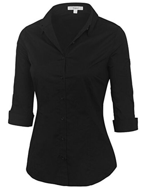 KOGMO Womens Classic Solid 3/4 Sleeve Button Down Blouse Dress Shirt (S-3X)