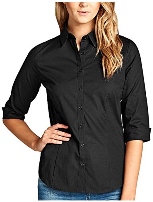 KOGMO Womens Classic Solid 3/4 Sleeve Button Down Blouse Dress Shirt (S-3X)