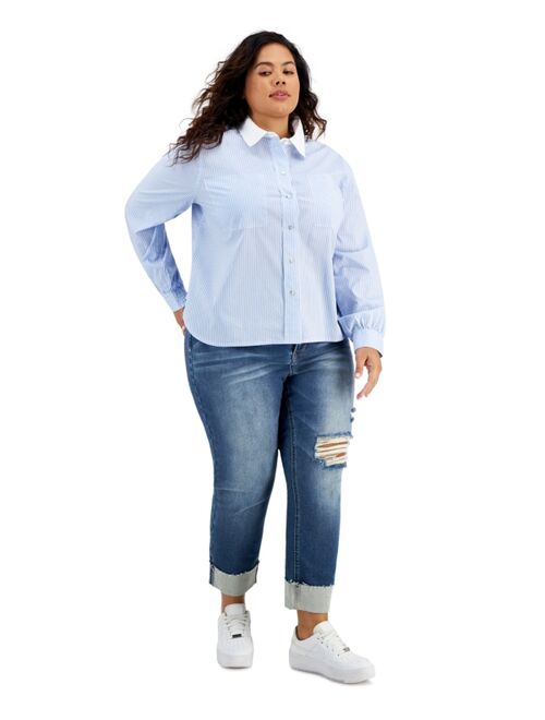 And Now This Women's Trendy Regular and Plus Size Cotton Striped Poplin Shirt