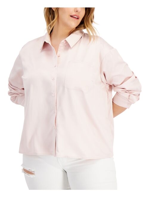 Love, Fire Trendy Plus Size Hammered-Satin Button-Down Blouse