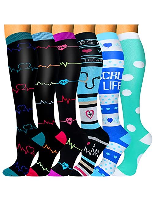 HLTPRO Women's & Men's Compression Socks for Nurse, Medical, Running 6 Pairs 20-30 mmHg Compression Stockings