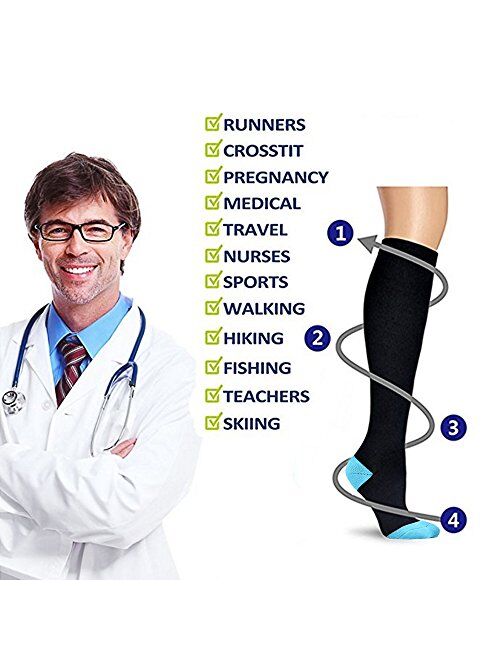 Zuoge 6 Pairs Compression Socks Pack - Best Nursing, Medical,Travel & Flight Socks - Running & Fitness - 15-20mmHg