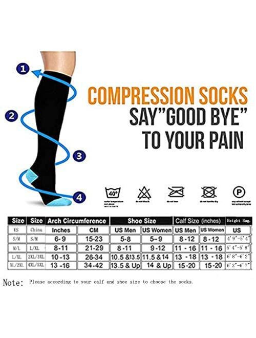 Zuoge 6 Pairs Compression Socks Pack - Best Nursing, Medical,Travel & Flight Socks - Running & Fitness - 15-20mmHg
