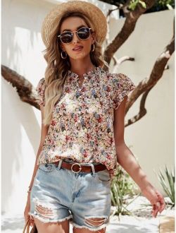 Half Button Allover Floral Blouse