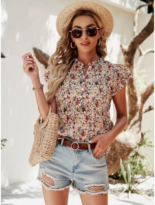 Shein Half Button Allover Floral Blouse