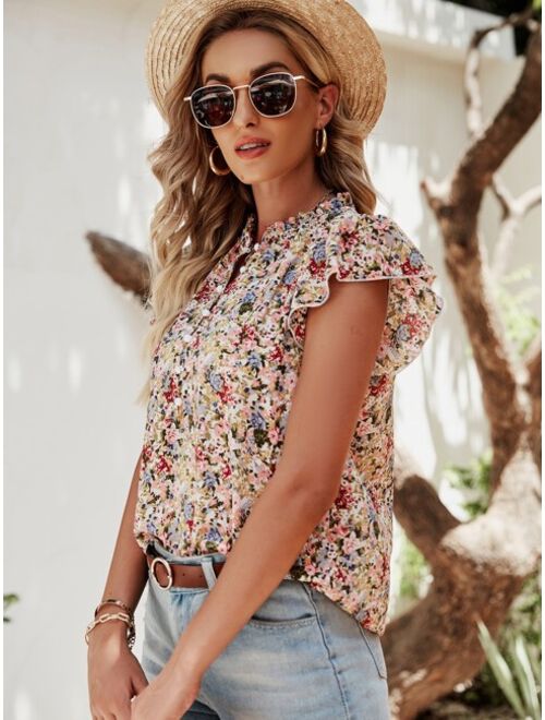 Shein Half Button Allover Floral Blouse