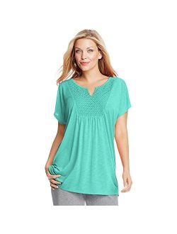 Short-Sleeve Slub-Jersey Tunic with Split V-Neck Crochet Bib Yoke (OJ248)