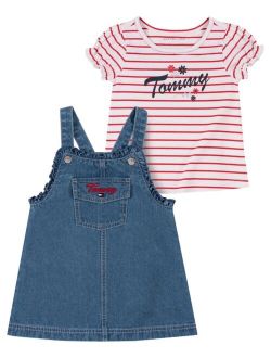 Little Girls Striped Logo T-shirt and Ruffle-Trim Denim A-Line Jumper Set, 2 Piece
