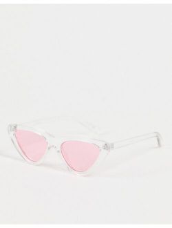 Jeepers Peepers cat eye sunglasses with clear frames and pink lens