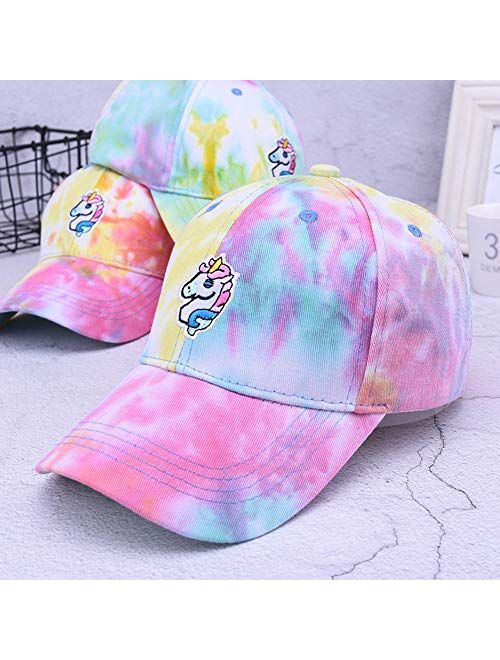 Amoyer Cotton Unicorn Baseball Cap Embroidery Girls Sun Hat Tie-Dye Snapback Kids Adjustable Trucker Hat