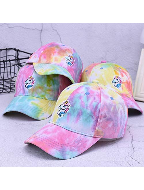 Amoyer Cotton Unicorn Baseball Cap Embroidery Girls Sun Hat Tie-Dye Snapback Kids Adjustable Trucker Hat