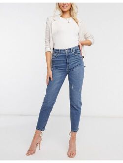organic cotton ripped slim mom jeans with stretch in medium blue