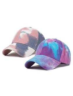 Fgss 2-Pieces Tie-Dye Baseball-Cap for Women Girl Rainbow Cute Washed Dad Hat