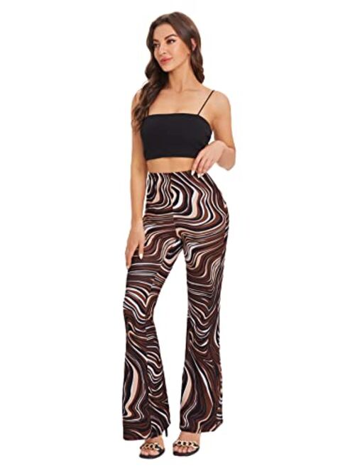 SOLY HUX Women's Print Elastic High Waisted Flare Leg Marble Bell Bottom Pants