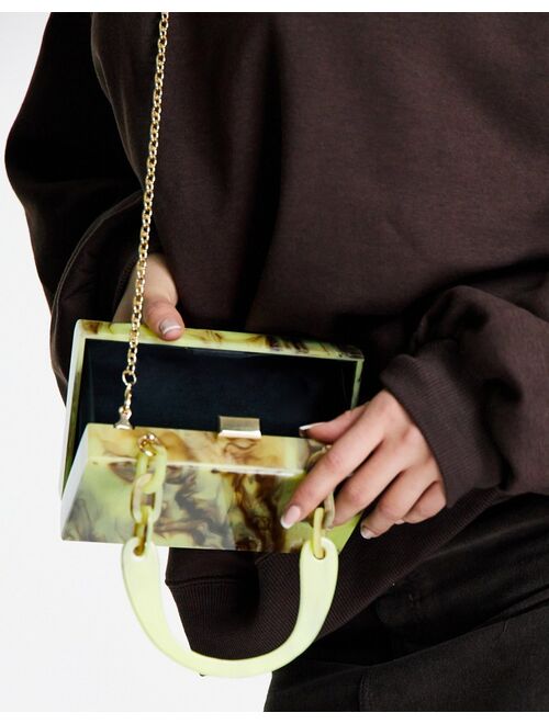 ASOS DESIGN marble box clutch bag with detachable chain strap in yellow swirl