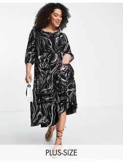 Yours tiered midi dress in black marble print