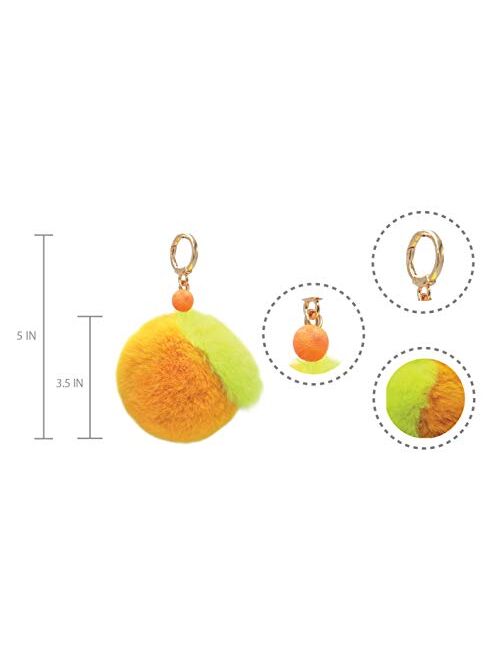 Surell - Real Rex Rabbit Fur Orange Fruit Keychain - Kawaii Pom-Pom Bag Purse Clementine Food Charm - Adorable Tangerine Gold Ring Fluffy Fur Ball - Florida Fashion Gift 