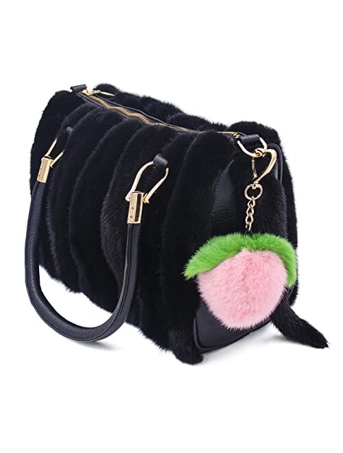 surell Real Mink Fur Peach Fruit Keychain - Luxury Bag Charm - Adorable Gold Heart Ring - Kawaii Pink Fluffy Fur Ball - Fashion Gift
