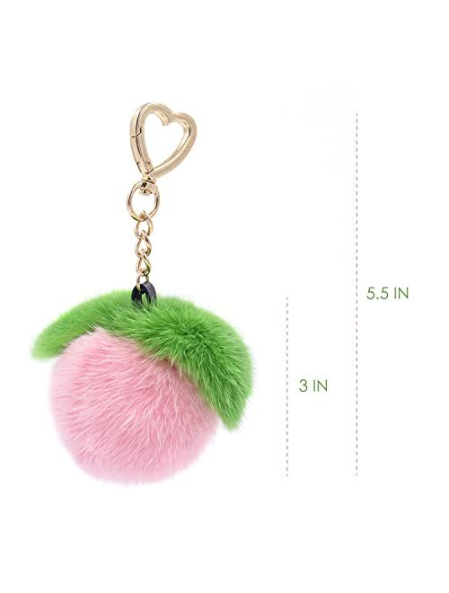 surell Real Mink Fur Peach Fruit Keychain - Luxury Bag Charm - Adorable Gold Heart Ring - Kawaii Pink Fluffy Fur Ball - Fashion Gift