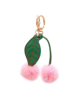 Surell - Genuine Mink Fur Cherry Keychain - Cute Classic Foodie Pompom Fob Kawaii Accessory with Keyring- Fur Fluffy Ball Key Chain - Cute Round Fuzzy Plush Bag Charm - A
