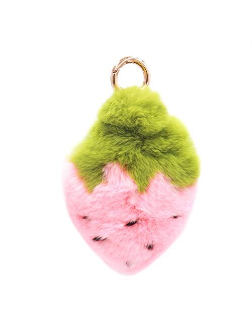 surell - Real Rex Rabbit Fur Strawberry Fruit Keychain - Kawaii Pom-Pom Bag Purse Food Charm - Adorable Straw Berry Gold Ring Fluffy Fur Ball - Fashion Gift (Pink, Green)