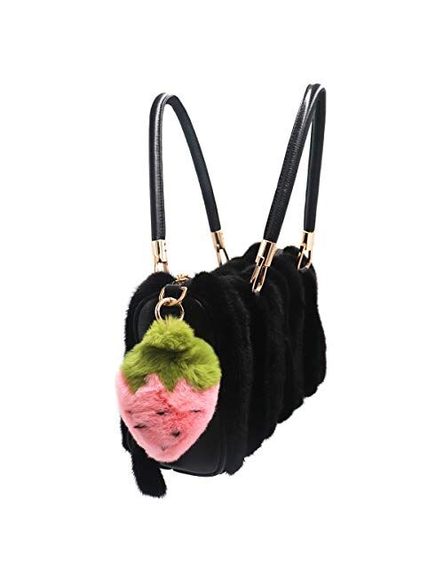 surell - Real Rex Rabbit Fur Strawberry Fruit Keychain - Kawaii Pom-Pom Bag Purse Food Charm - Adorable Straw Berry Gold Ring Fluffy Fur Ball - Fashion Gift (Pink, Green)
