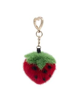 surell Real Mink Fur Red Strawberry Fruit Keychain - Luxury Bag and Purse Charm - Stylish Gold Heart Ring - Kawaii Pink Fluffy Fur - Fashion Food Charm Gift