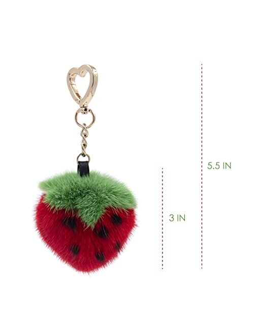 surell Real Mink Fur Red Strawberry Fruit Keychain - Luxury Bag and Purse Charm - Stylish Gold Heart Ring - Kawaii Pink Fluffy Fur - Fashion Food Charm Gift