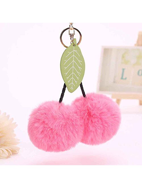 Sweet Plush Cherry Pompom Ball Backpack Pendant Keychain Key Ring Keyfobs Gift