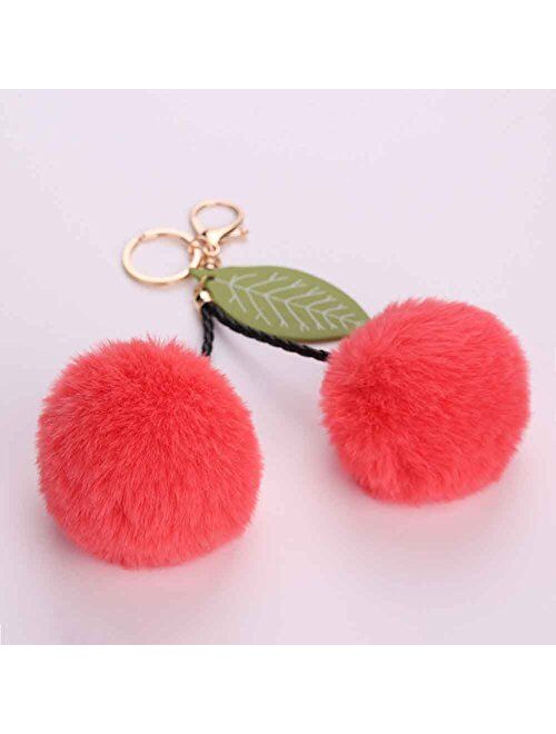 Sweet Plush Cherry Pompom Ball Backpack Pendant Keychain Key Ring Keyfobs Gift