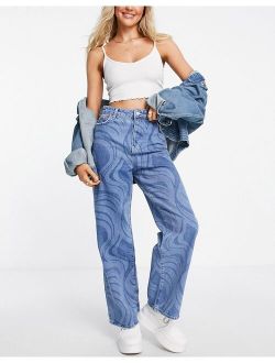 wide leg dad jeans in blue marble print