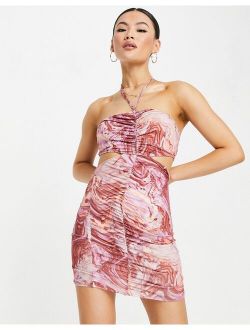 halter ruched cut out mini dress in marble print
