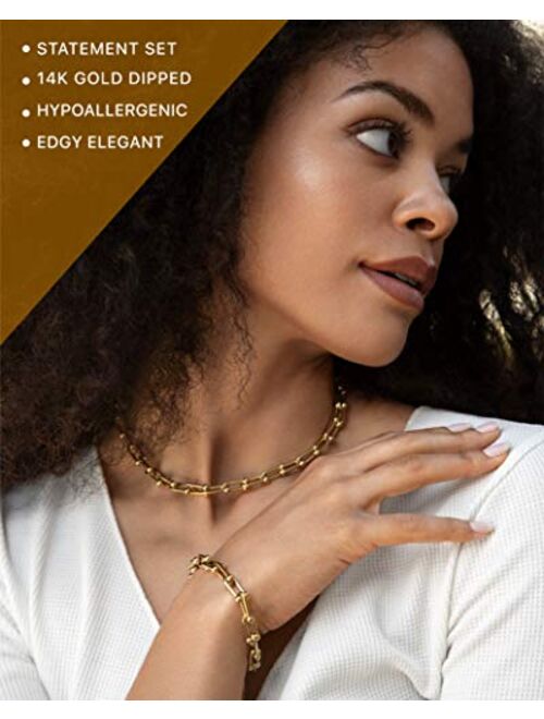 Benevolence La Paperclip Chain Necklace for Women with Paperclip Bracelet Set | Gold Chain Link Necklace Women, 14K Gold Chain Necklace and Bracelet | Chunky Gold Necklac