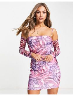 NaaNaa strappy cami mini dress with sleeves in pink marble