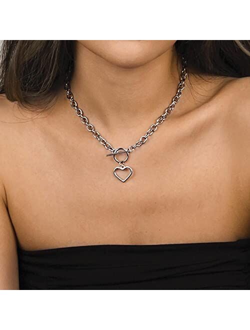 Avanlin Heart Pendant Choker Necklace Silver Stainless Steel Toggle Necklaces Cable Chain for Women Girls