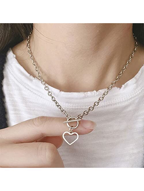 Avanlin Heart Pendant Choker Necklace Silver Stainless Steel Toggle Necklaces Cable Chain for Women Girls