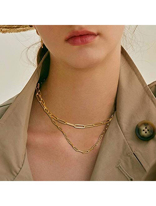 RWQIAN 18k Gold Paperclip Chain Link Necklace Dainty Paperclip Link Chain Layered Necklace Oval Link Chains Initial Necklaces Set for Women Girls