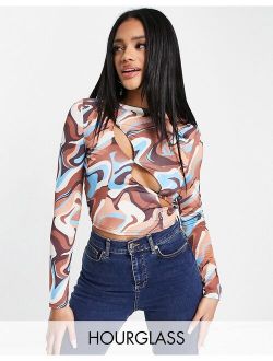 Hourglass crop top with long sleeves with asym button up in marble