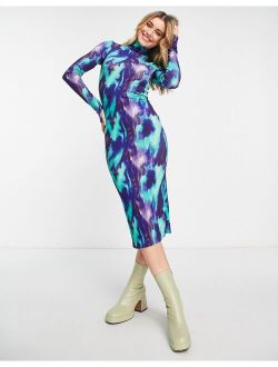 high neck jersey midi dress in green and blue marble print