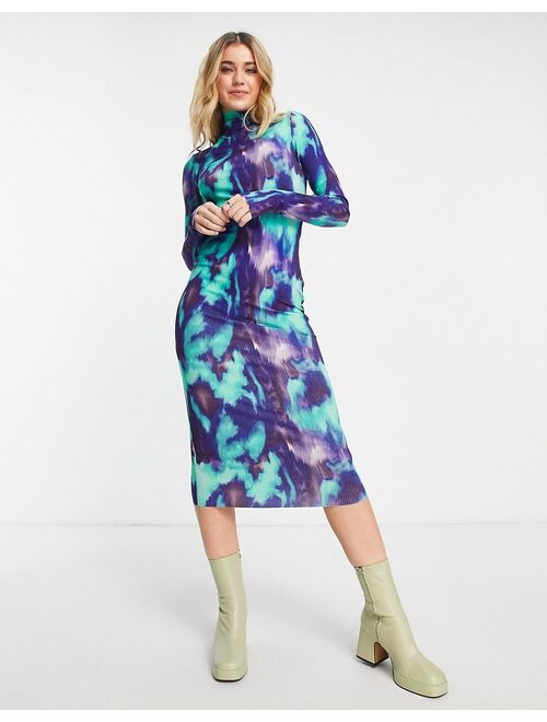 Monki high neck jersey midi dress in green and blue marble print