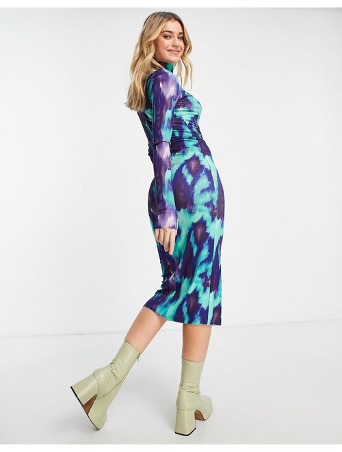 Monki high neck jersey midi dress in green and blue marble print