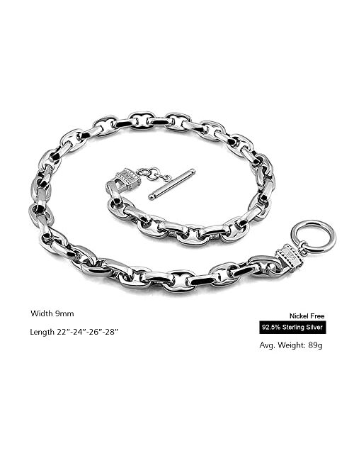 Meilanduo Solid 925 Sterling Silver 9MM Oval Link Chain Rolo Cable Two Locks Necklace T/O Clasp 22" 24" 26" 28" for Men & Women
