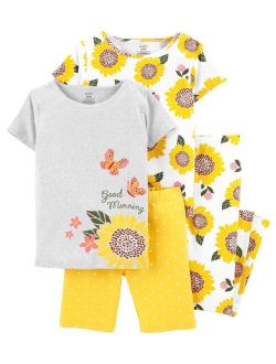 Big Girls 4-Piece Sunflower Snug Fit T-shirt, Shorts and Pajama Set