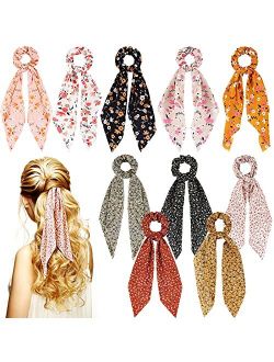Chuangdi 10 Pcs Floral Hair Scarf with Ribbon satin Hair Scarves Bow Hair Scrunchies Floral Ribbon Scrunchies Elastic Floral Bow Hair Ties 2 in 1 Vintage Hair Accessories