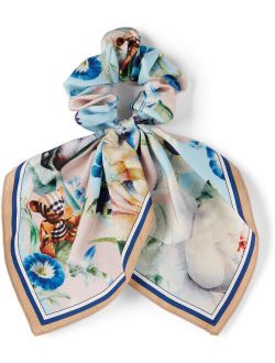 Kids Beige & Blue Silk Floral Scrunchie
