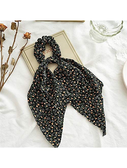 Dinprey 5 Pcs Floral Hair Scarf with Ribbon Bow for Woman Girls, Bow Scrunchies for Hair, Hair Scrunchies with Bow, Chiffon Floral Scrunchie Long Hair Bands Ties Ponytail