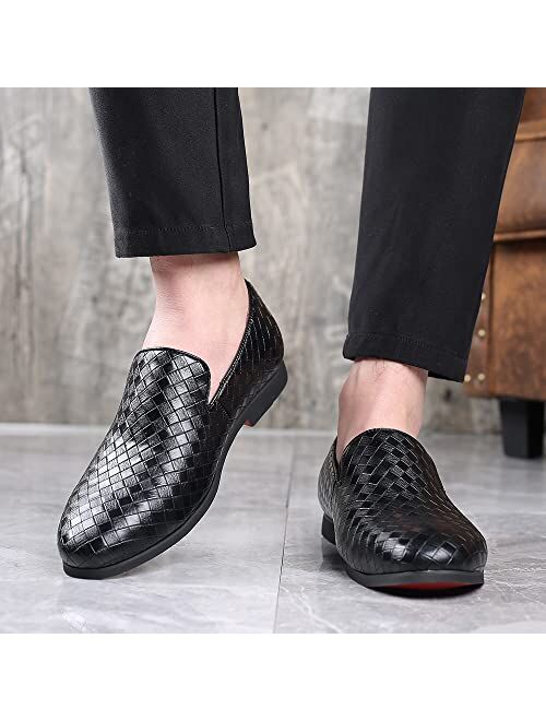 Santimon Men's Woven Moccasin Smoking Loafers Dress Casual Easy Slip-On Leather Formal Lightweight Driving Walking Shoes