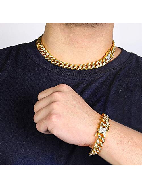 Wealthmao 13mm Cuban Link Chain for Mens Women Heavy Strong Necklaces Chain Iced Out Miami Curb Chain Bling Bling Hip Hop Necklace Chain Silver/Rose Gold/Gold Plated Rhin