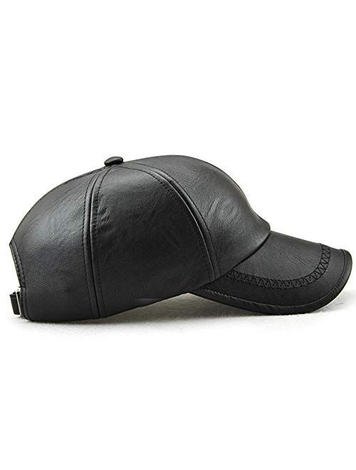 Dewsshine Plain Baseball Cap, Men Adjustable Structured PU Classic Baseball Cap Hat，Winter for Elderly Father